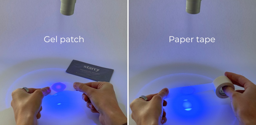Gel patch and paper tape under UV LED lamp